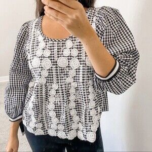 Anna Sui Top Black White Gingham Floral Embroidered Long Sleeve Blouse Small